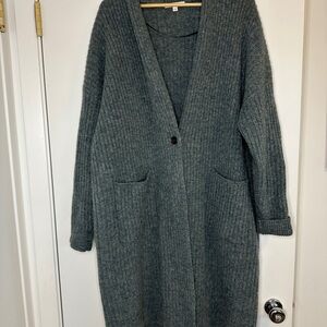 Uniqlo 100% Wool Long Sweater /  Duster Gray Green Ribbed Cardigan Sz Large